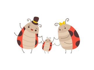 Cute Happy Ladybug Family, Cheerful Mother, Father and Their Little Baby, Adorable Cartoon Insects Characters Vector Illustration