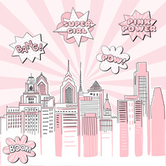 New York city scape on Retro sun ray background with pop art comic fight supergirl power text bubbles . Hand drawn vector doodle graphics. Pink and black colours. Perfect for girlish design. © AngellozOlga