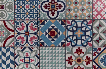Moroccan and Mediterranean Tiles background.Wall ceramic tiles pattern floral mosaic, Floral patchwork tile design. Colorful Mediterranean square tiles, mosaic ornaments. tile mosaic background, 