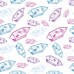 Candy seamless sketch pattern. Hand drawn blue candies on white background. Wallpaper pattern, doodle of sweetmeats and sweet-stuff.