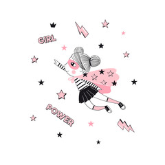Little cartoon supergirl character illustration. Girlish Pink Super Hero themed vector doodle graphics. Perfect for little girl design like t-shirt textile fabric print birtday party art wall poster © AngellozOlga