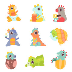 Cute Colorful Little Dinos Set, Adorable Newborn Dinosaurs Characters Vector Illustration