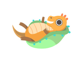 Cute Little Dino Lying in Baby Cradle, Adorable Baby Dinosaur Character Vector Illustration