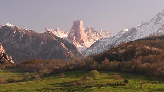 View of Naranjo de Bulnes also known as Picu Urriellu mountain peak at sunset. Asturia, Spain.