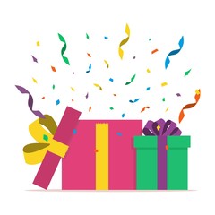 Two gift boxes with confetti. Flat style. Present package with bursting elements, surprise inside. Template design for surprise, celebration event, presents, birthday, Christmas.