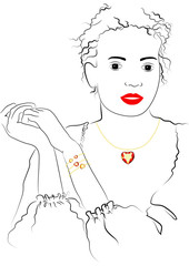Linear vector sketch of a fashionable girl with gold bracelets and a chain.