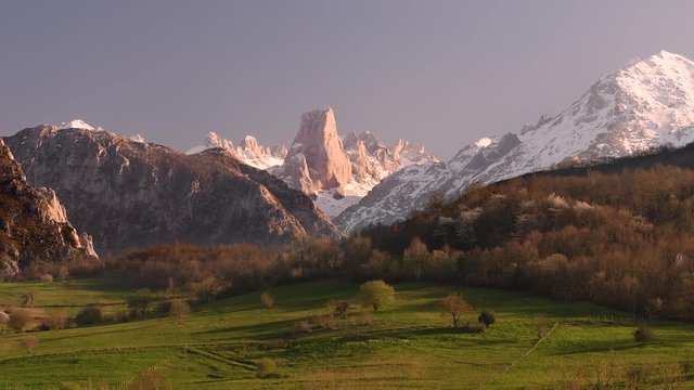 View of Naranjo de Bulnes also known as Picu Urriellu mountain peak at sunset. Asturia, Spain.
