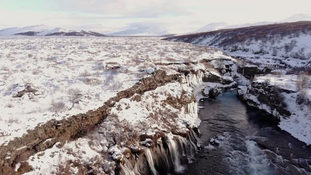 Aerial view of Hraunfossar waterfall in western Iceland