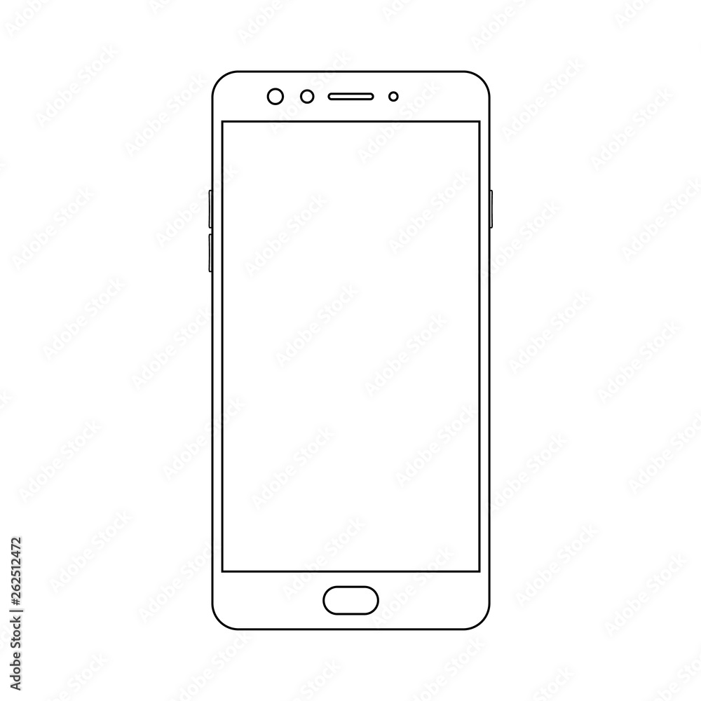 Fototapete Outline front view smartphone with power and menu buttons, camera and empty screen on white background. Outline smartphone vector eps10.