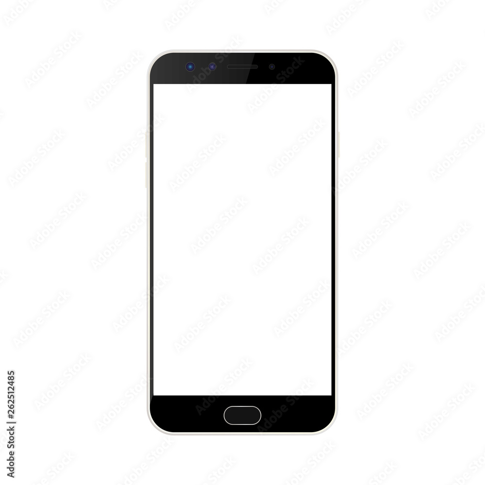 Poster black smartphone with camera and menu button and white empty screen with a glare. realistic black sm