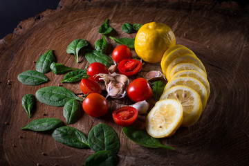 Vegetable on brown background. 