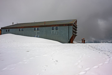 Panoramic view of the Quintino Sella refuge, on the Monte Rosa glacier, in Italy.
