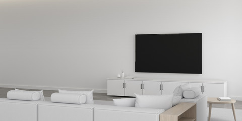 View of white living room in minimal style with furniture on bright laminate floor.Interior design with TV and cabinet.on white wall, 3d rendering.	