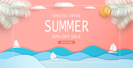 Sea view and Summer sale banner design with paper cut. And in the tropical and colors of modern and beautiful And can be used as an illustration or background