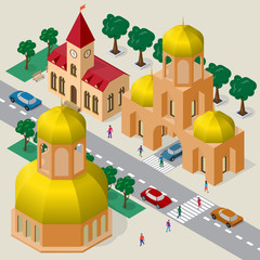 Isometric cityscape of buildings, temple, belfry, roadway, cars and people.