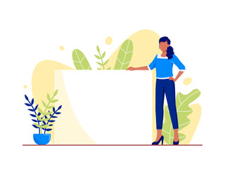 Clear sheet of white paper. Young woman is holding blank banner on abstract floral background. Your text here, copy space. Flat vector concept illustration isolated on white.