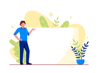 Clear sheet of white paper. Young man is holding blank banner on abstract floral background. Your text here, copy space. Flat vector concept illustration isolated on white.