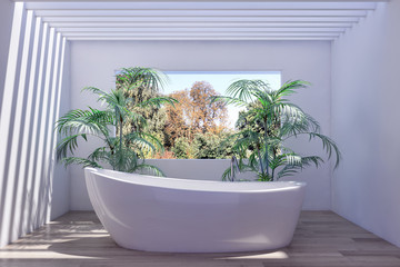Modern bright bathroom interiors 3D rendering illustration
