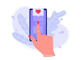 Forefinger is pressing button on the smartphone in application and likes. Social networks, rating. Flat vector concept illustration isolated on white.