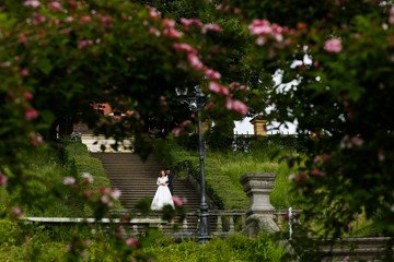 Beautiful wedding couple posing on stairs in park