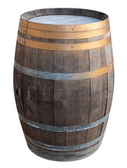 Obraz premium old vintage retro wooden wine barrel with metallic iron rings isolated cutout on white background