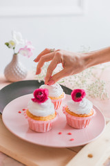 delicious cake and cupcakes in a beautiful decor makes pastry chef