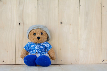 Teddy Bear wears a shirt, shorts, hat and slipper on wooden floor