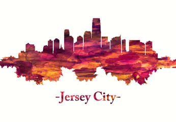 Obraz premium Jersey City New Jersey Skyline w kolorze czerwonym
