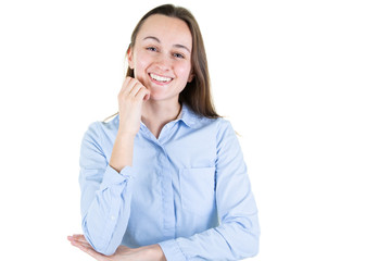 Portrait of happy smiling young business beautiful woman, isolated over white background Looking at camera wth free space for text