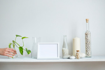 Obraz na płótnie Canvas Shelf against white wall with decorative candle, glass and rocks. Hand putting down Plant cuttings in glass.