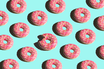Donuts on a bright color background. Bright collage