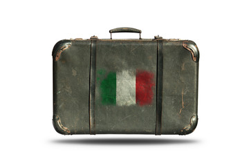 Travel Vintage Leather Suitcase With Flag Of Italy Isolated On White Background