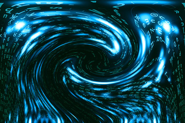 Blue green matrix digital background. Distorted cyberspace concept. Green characters fall down in...