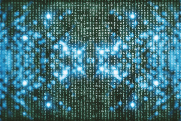 Blue green matrix digital background. Abstract cyberspace concept. Green characters fall down. Matrix from symbols stream. Virtual reality design. Complex algorithm data hacking. Cyan digital sparks.