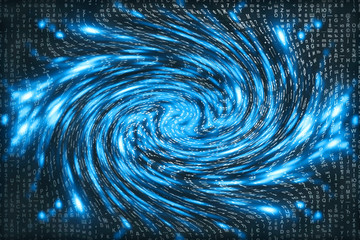 Blue matrix digital background. Distorted cyberspace concept. Characters fall down in wormhole....