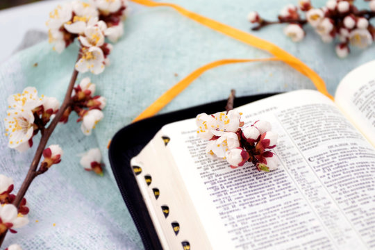 Brest, Belarus - April 17, 2019: Open Book Bible, Floral Blue Background. Christianity, Easter.