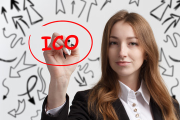 Business, technology, internet and networking concept. Young entrepreneur showing keyword: ICO