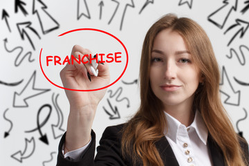 Business, technology, internet and networking concept. Young entrepreneur showing keyword: Franchise