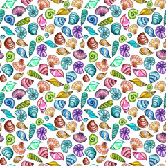Hand painted watercolor shells seamless pattern