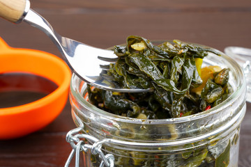 sea ​​kale salad on a fork close up