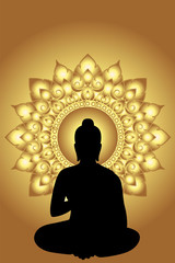 Silhouette Siddhartha gautama with Dharma Wheel and gold glowing background