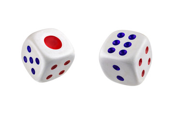 Two white dice in the air isolated on white, close-up.