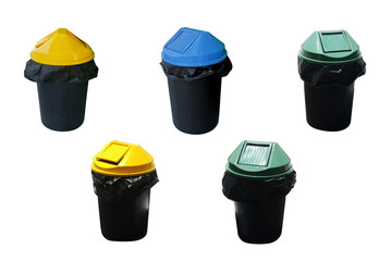 Black plastic trash with green, yellow, blue lid. To separate categories such as recycle, fresh garbage, general waste.  isolated on white background with clipping path.