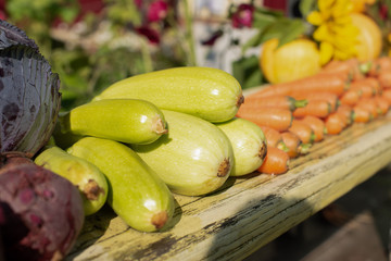 a crop of fresh vegetables lies on a bench in the open air