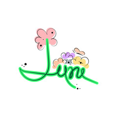 June, flat illustration on white background. Flower, garden bed, butterfly. Text vector template.