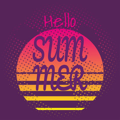 Text Hello Summer on background of  sunset and glittering stars. Vector drawing in retro-futuristic style, neon color palette. For design of posters, parties, invitations, souvenirs.