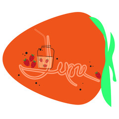June, flat illustration on background of an abstract large strawberry. Summer cocktail in glass, cocktail tube, strawberries. Text vector template.