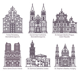 Fototapeta premium Set of isolated cathedrals and church, basilica