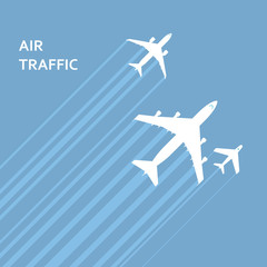 Naklejka na ściany i meble Airplanes takeoff in the sky with trace - aviation concept