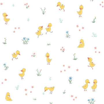 Childish seamless pattern with cute ducklings